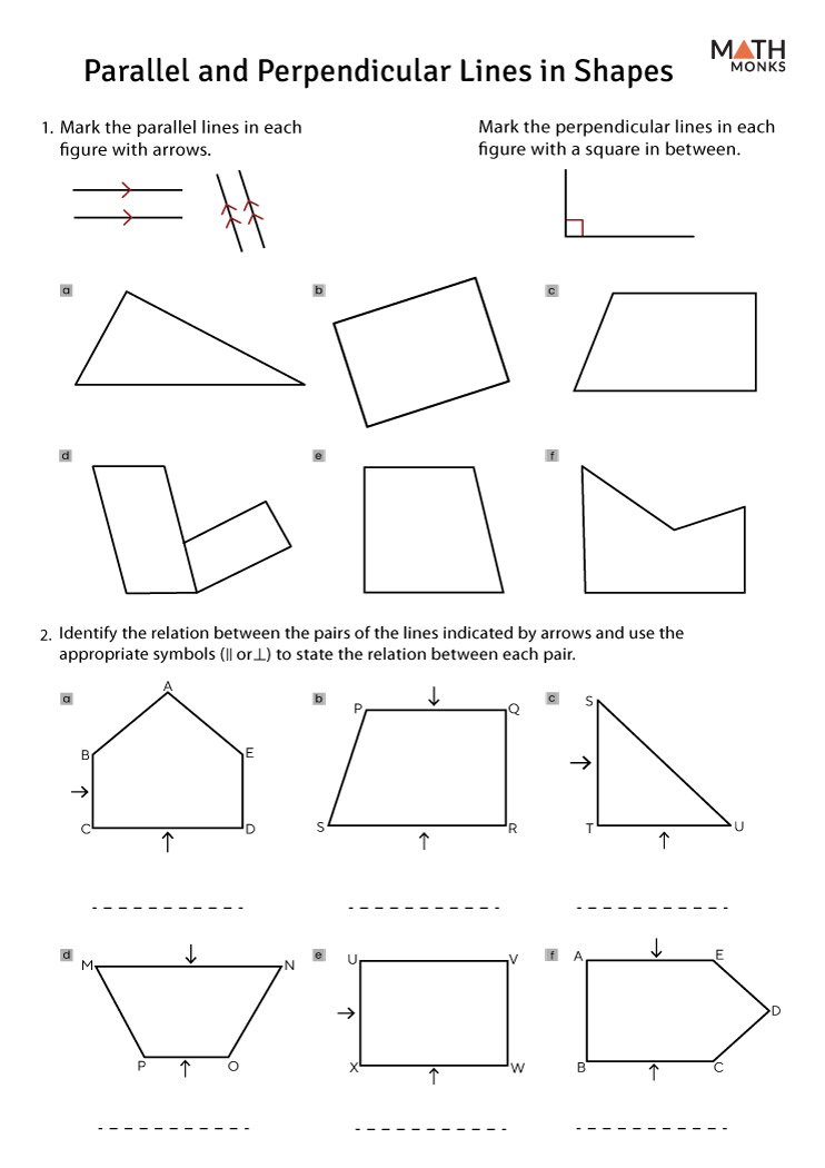 Parallel and Perpendicular Lines Worksheet 12 for Fourth Grade Geometry Fourth grade geometry worksheet featuring exercises on identifying parallel and perpendicular lines
