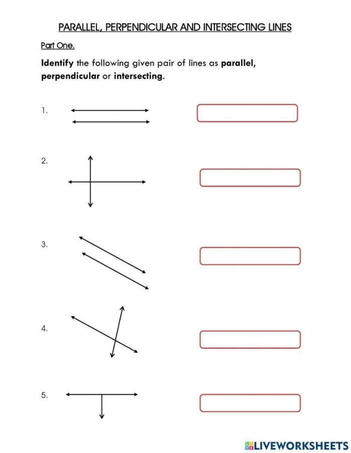 Parallel and Perpendicular Lines Geometry Practice Worksheet for Grade 4 Number 10 Fourth grade geometry worksheet featuring exercises for identifying parallel and perpendicular lines