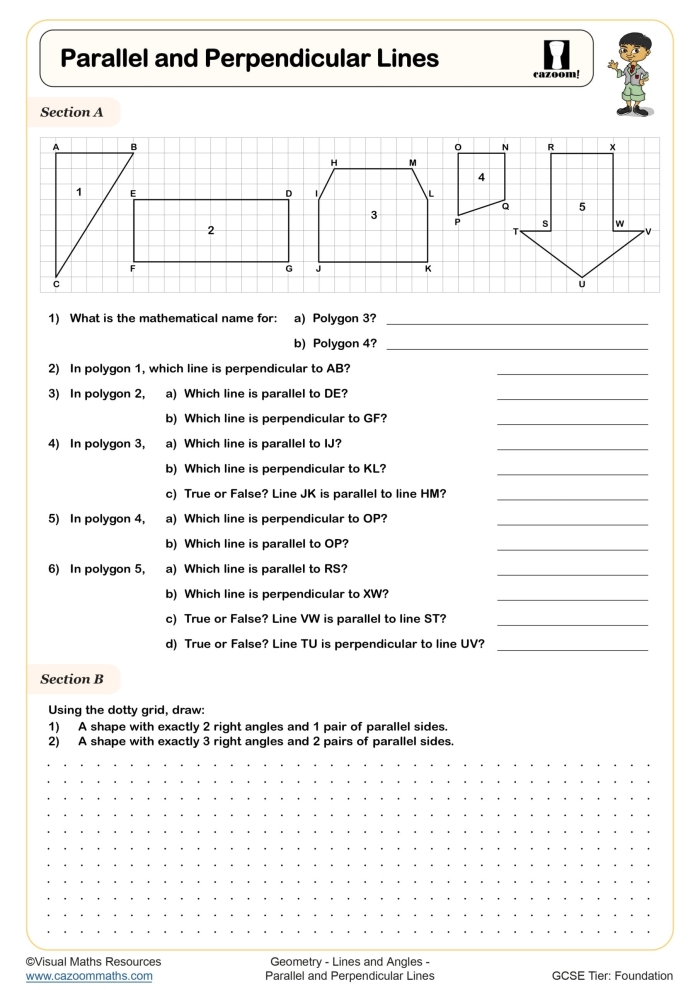 Parallel and Perpendicular Lines Practice Activity 18 Fourth grade geometry worksheet showing examples of parallel and perpendicular lines for students to identify and practice