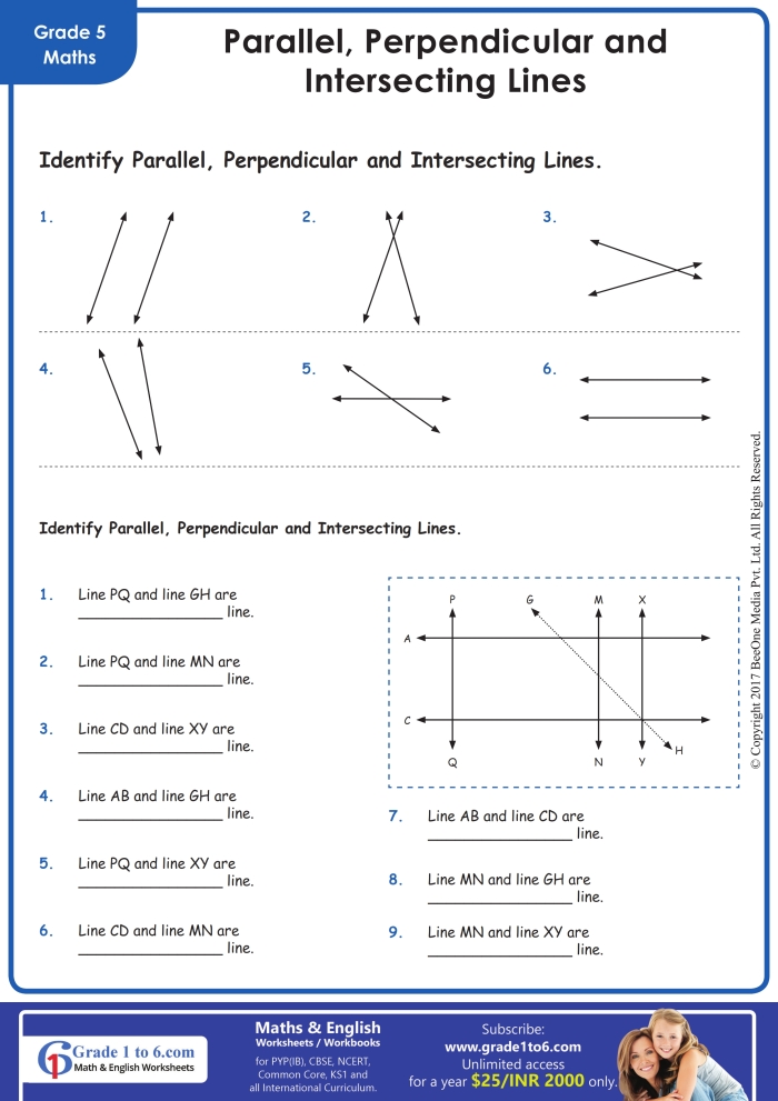 Parallel and Perpendicular Lines Geometry Practice Worksheet 21 Fourth grade math worksheet featuring geometry exercises on identifying parallel and perpendicular lines