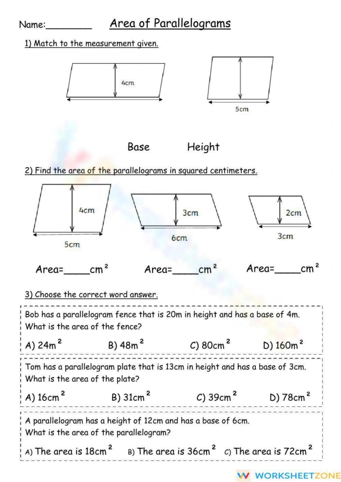 Worksheet featuring various parallelograms for area calculation practice