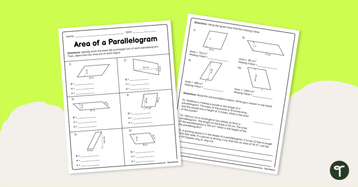 Worksheet featuring various parallelograms for area calculation practice