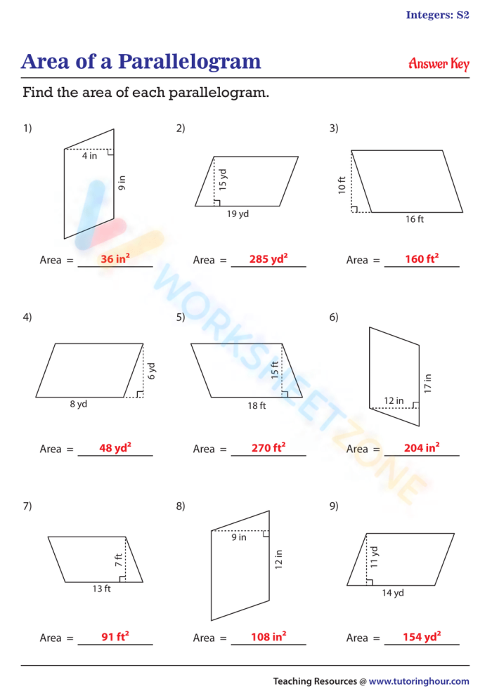 Sixth grade math worksheet for calculating the area of various parallelograms