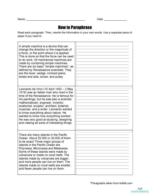 Paraphrasing Practice worksheet designed for fourth graders to improve reading comprehension skills