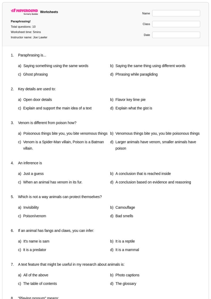 Paraphrasing Practice worksheet designed for fourth graders to enhance reading comprehension skills