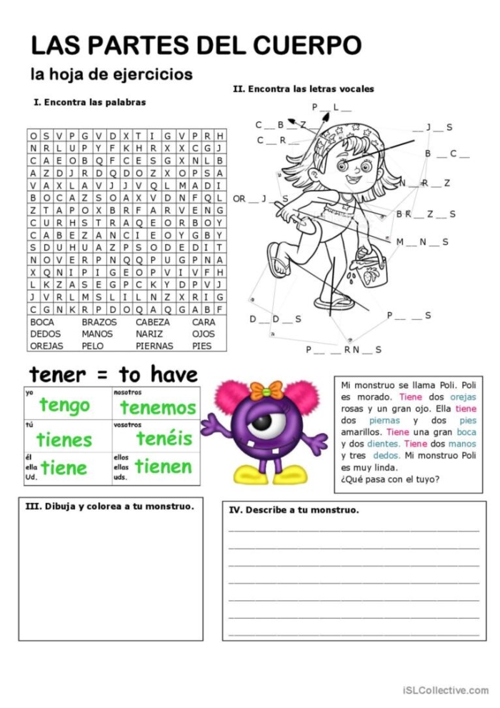 Educational Spanish body parts worksheet for grade four students 10 Fourth grade Spanish worksheet for learning and spelling basic human body parts