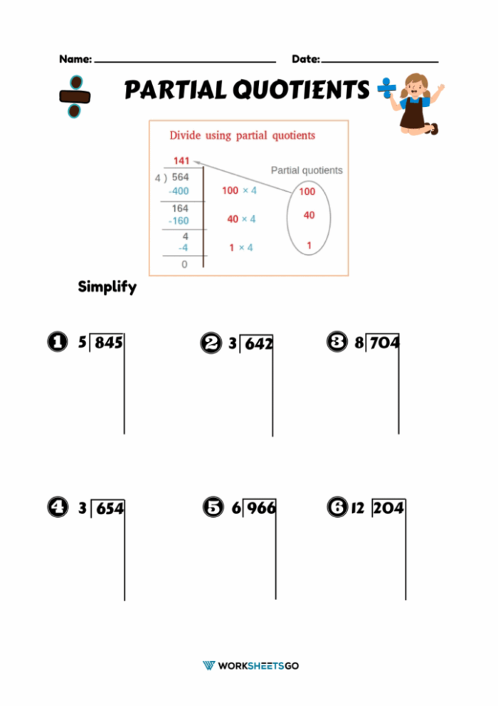 Fourth grade Earth and Space Science worksheet featuring eight math problems for practicing partial quotient division