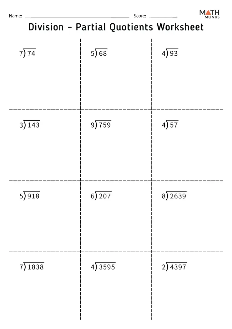 Fourth grade math worksheet featuring eight partial quotient division problems themed around Earth and space science