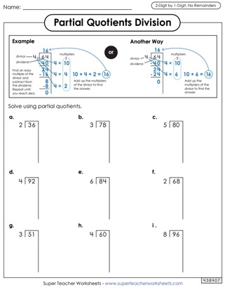 Fourth grade Earth and Space Science worksheet featuring eight math problems solved using the partial quotient division method