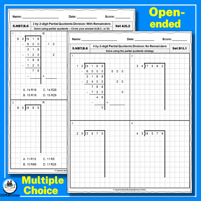 Fourth grade Earth and Space Science worksheet featuring eight math problems to solve using the partial quotient division method