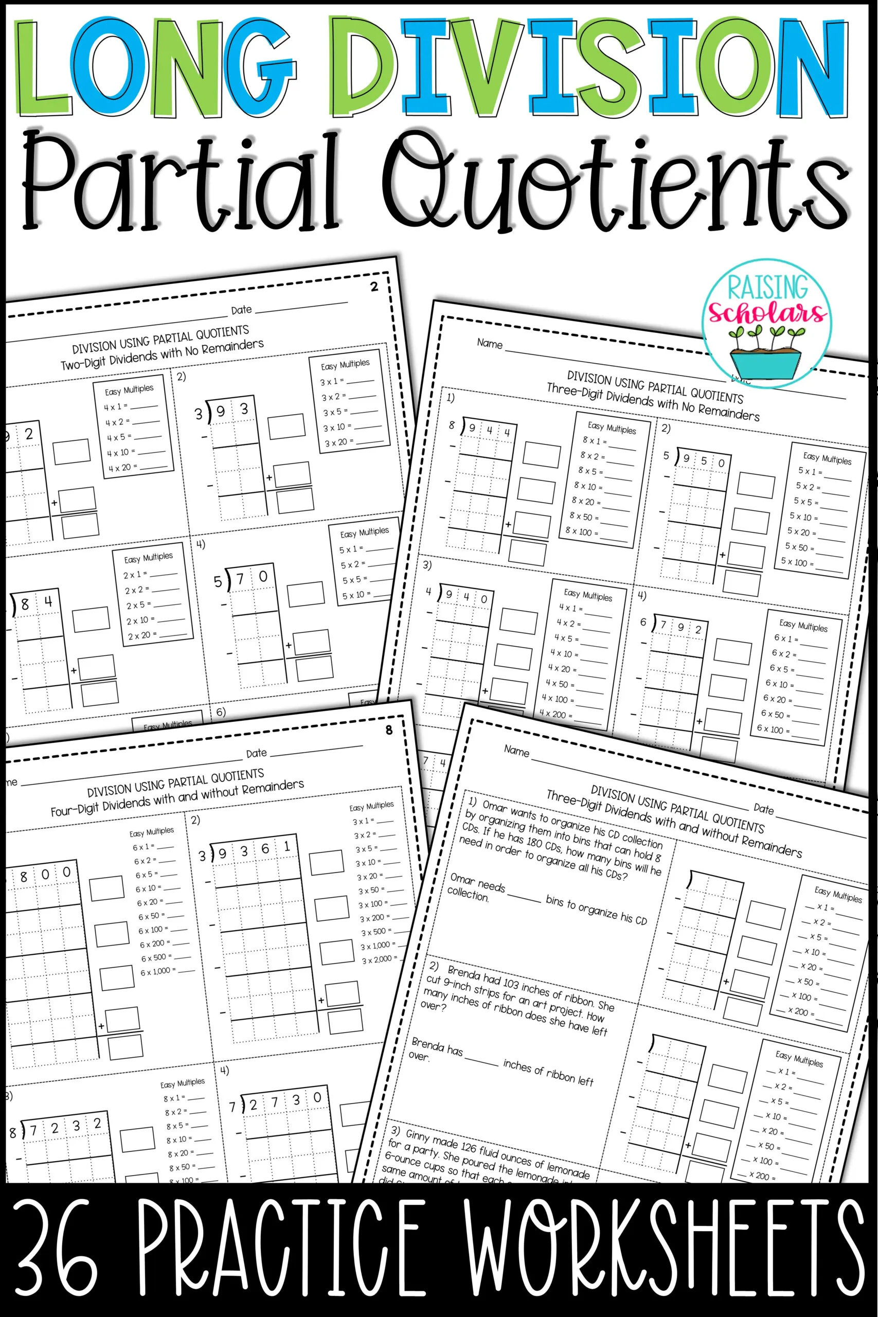 Fourth grade Earth and Space Science worksheet featuring eight math problems for practicing partial quotient division