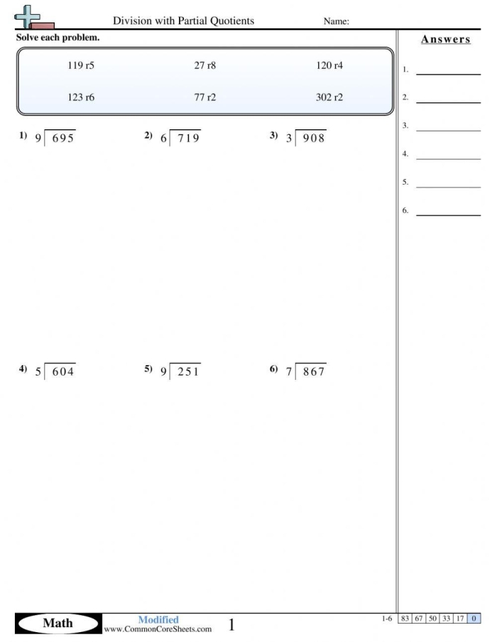 Fourth grade math worksheet showing partial quotient division problems for students to solve using the partial quotient strategy