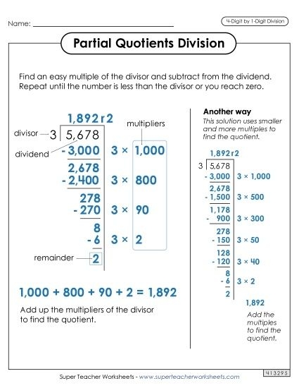 Fourth grade Earth and Space Science worksheet featuring eight math problems solved with the partial quotient division method