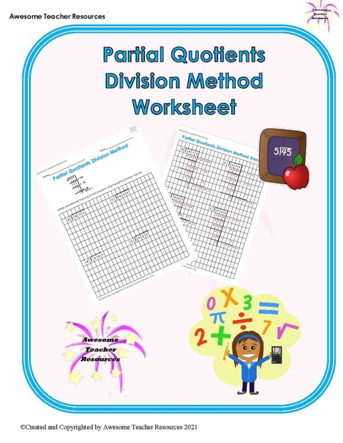 Fourth grade Earth and Space Science worksheet featuring eight long division problems using the partial quotient method