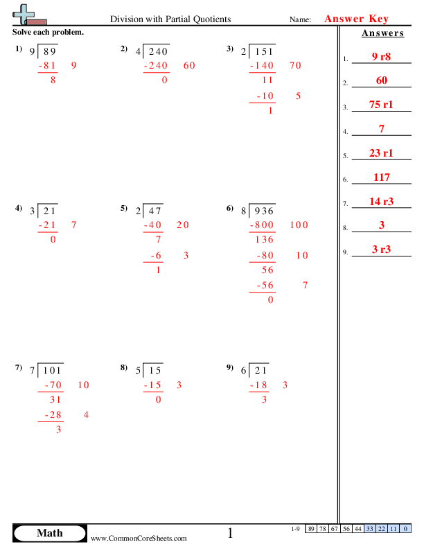 Fourth grade student worksheet featuring eight math problems to solve using the partial quotient division method within an earth and space science theme