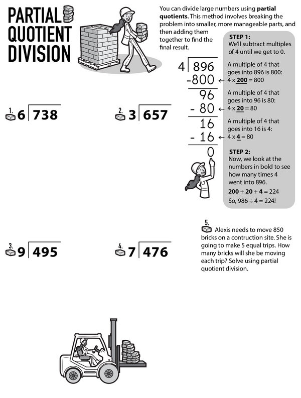 Fourth grade students practicing partial quotient division with eight math problems on a worksheet