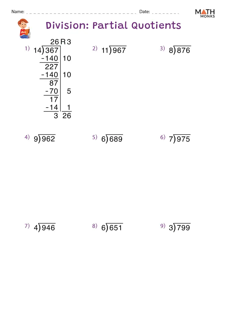 Fourth grade students practicing partial quotient division method with eight problems on a worksheet