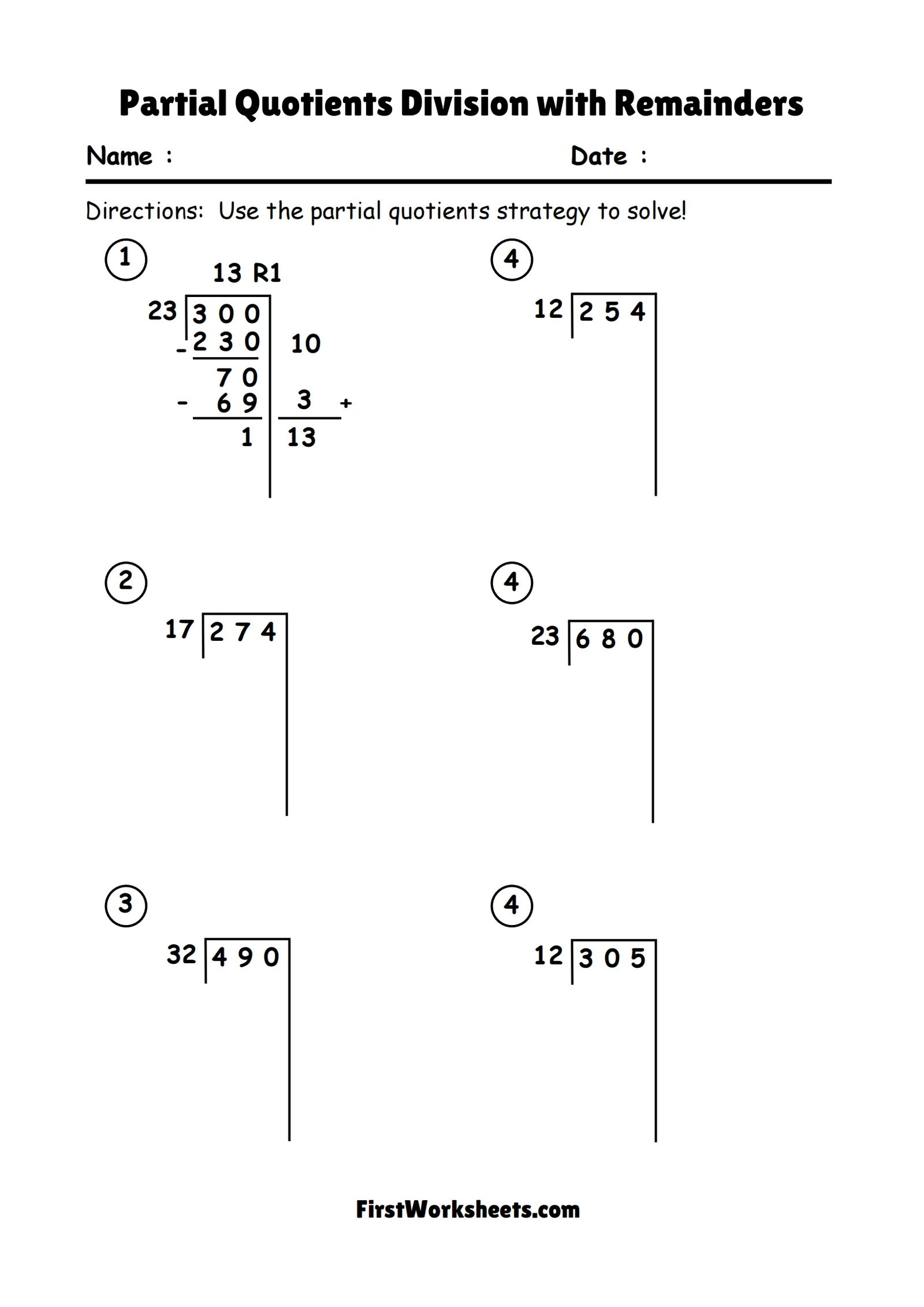 Fourth grade students practicing partial quotient division strategy with eight sample problems on a math worksheet