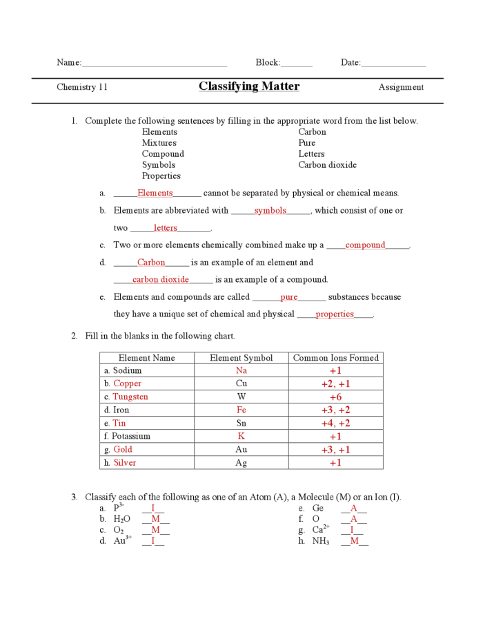 Sixth grade chemistry worksheet for classifying matter using particle models 10