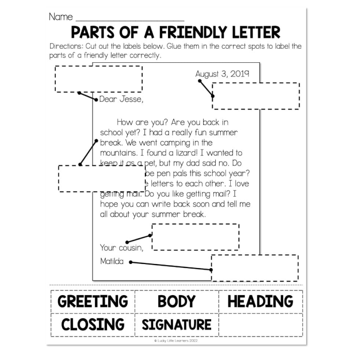 Parts of a Letter worksheet designed for first graders to learn letter writing basics