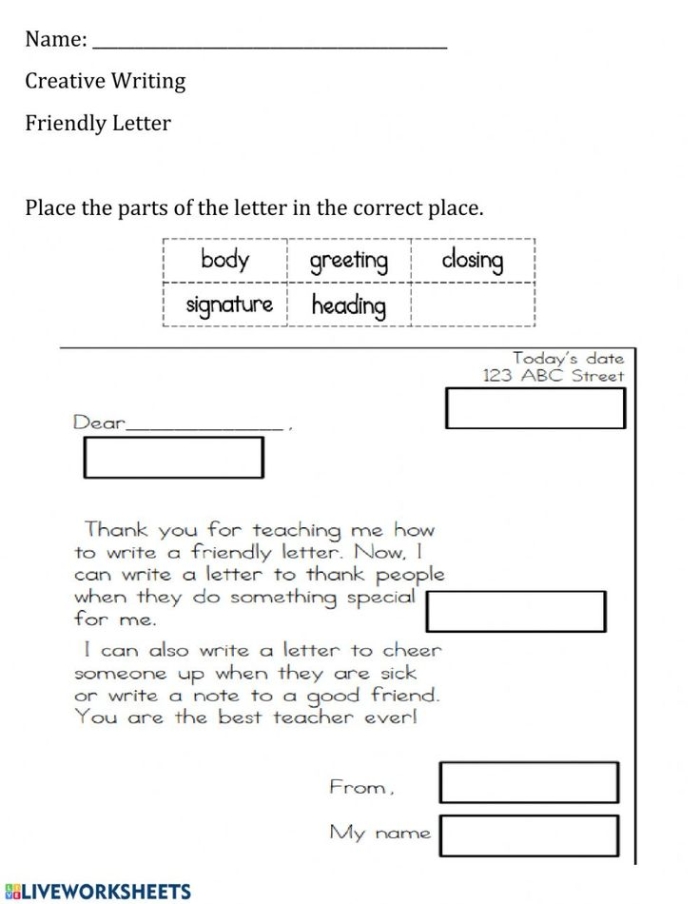 Parts of a Letter worksheet for first graders teaching the basics of letter writing