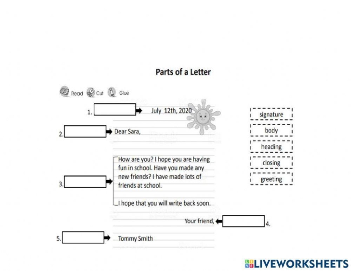 Parts of a Letter worksheet showing labeled sections for easy understanding