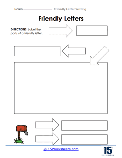 Parts of a Letter worksheet for first graders, highlighting the components of a letter