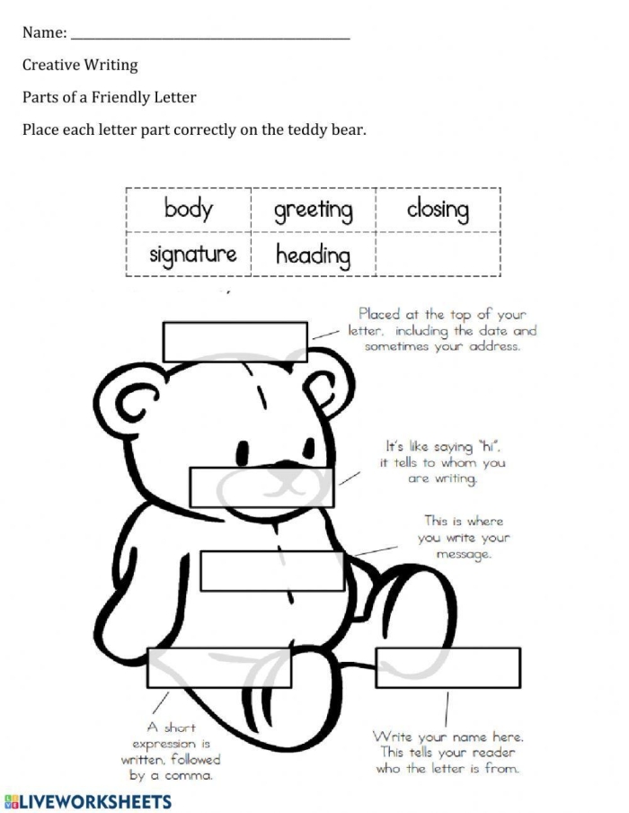 Parts of a Letter worksheet for first graders featuring labeled sections