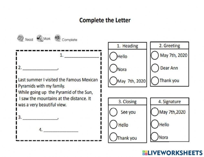 Parts of a letter worksheet for first graders, featuring labeled sections to enhance understanding