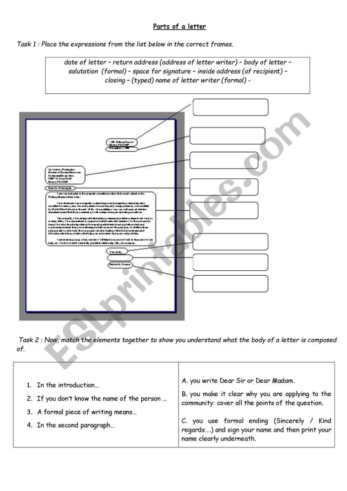 Parts of a Letter worksheet for first graders showcasing letter writing components