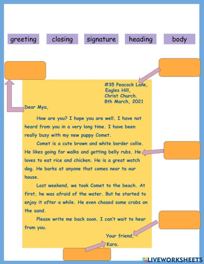 Parts of a Letter worksheet designed for first graders to enhance their letter writing skills