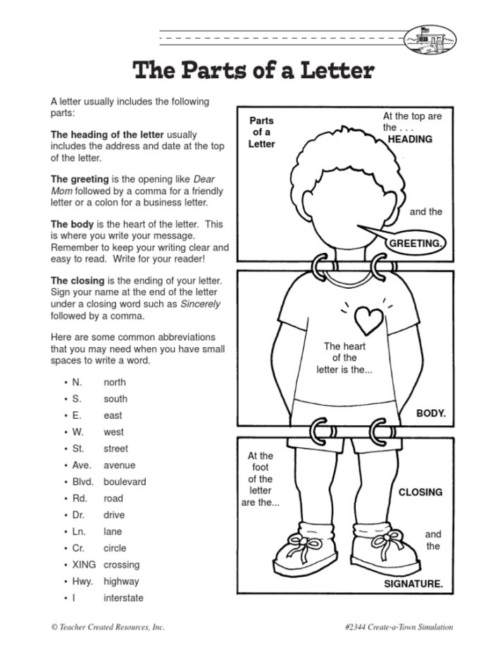 Parts of a letter worksheet designed for first graders to enhance their writing skills