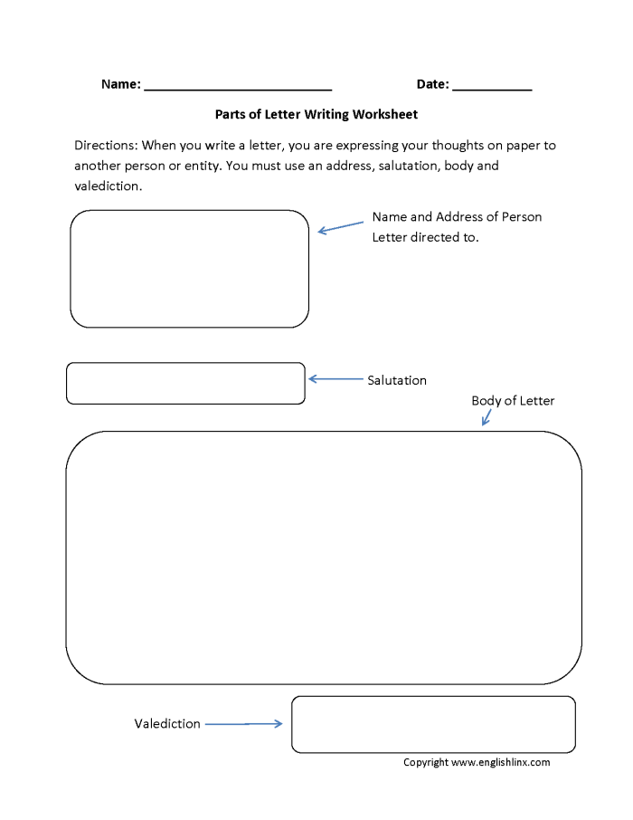 Parts of a Letter worksheet for first graders, illustrating the components of a letter