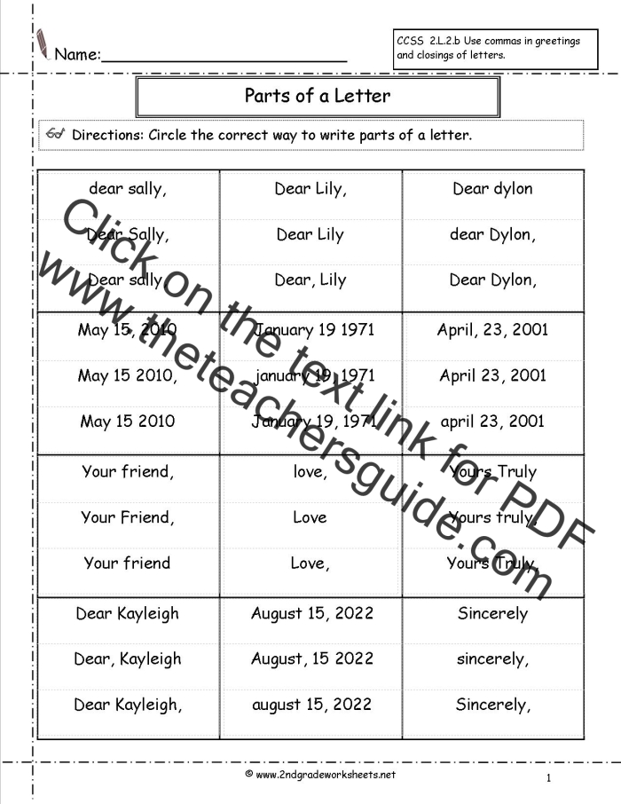 Parts of a Letter worksheet designed for first graders to learn letter writing fundamentals