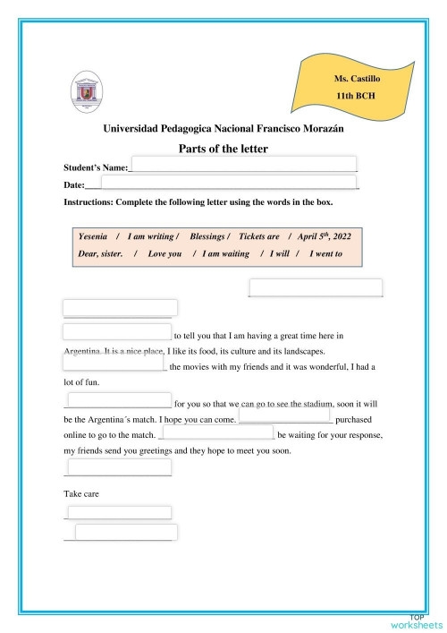 Parts of a Letter worksheet for first graders to learn letter writing essentials