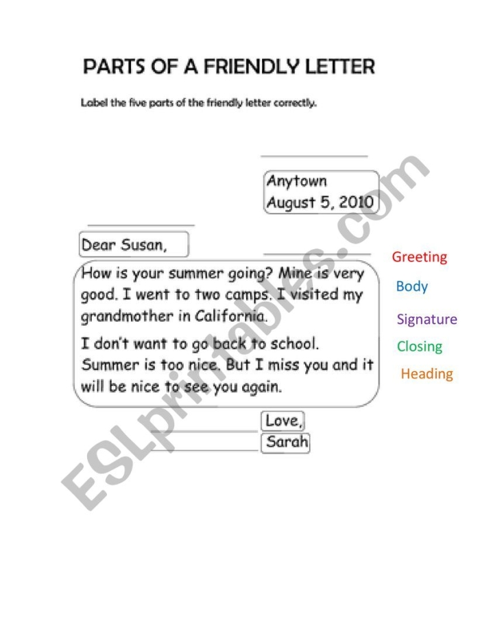 Parts of a Letter worksheet for first graders focusing on letter writing skills
