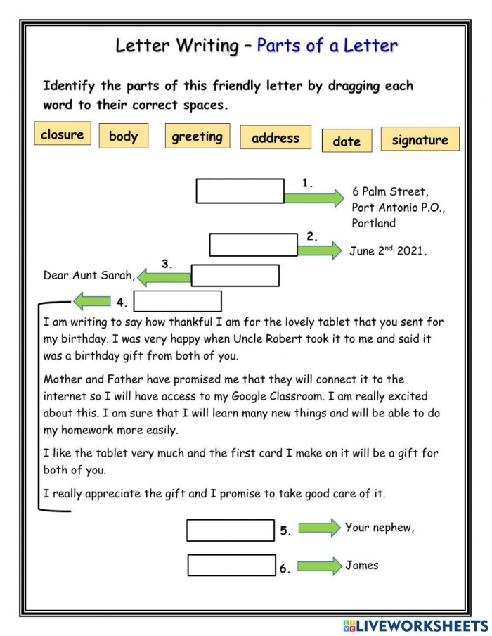 Parts of a Letter worksheet for first graders to explore letter writing