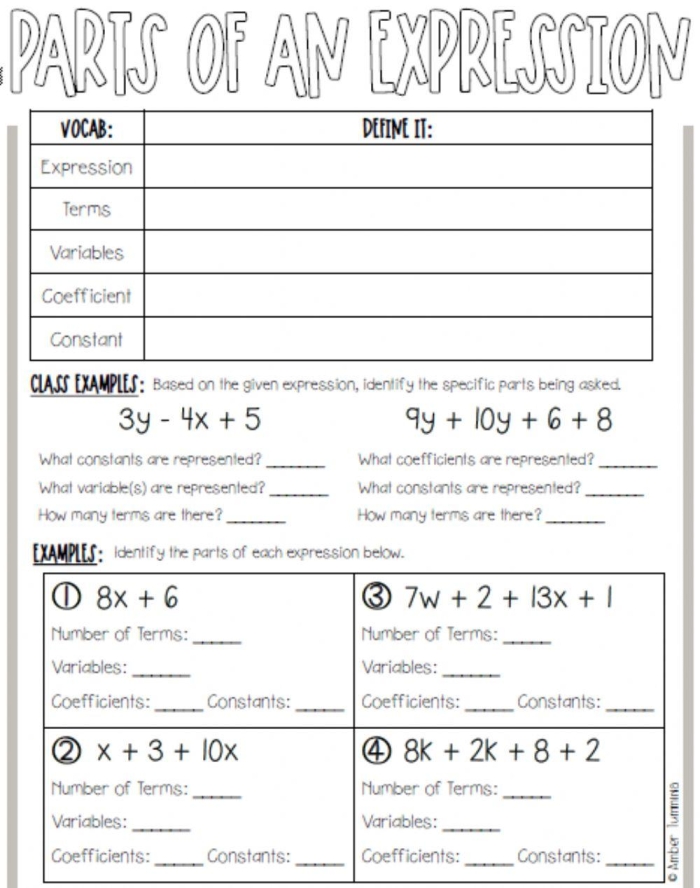Sixth grade math worksheet for identifying and writing parts of an algebraic expression