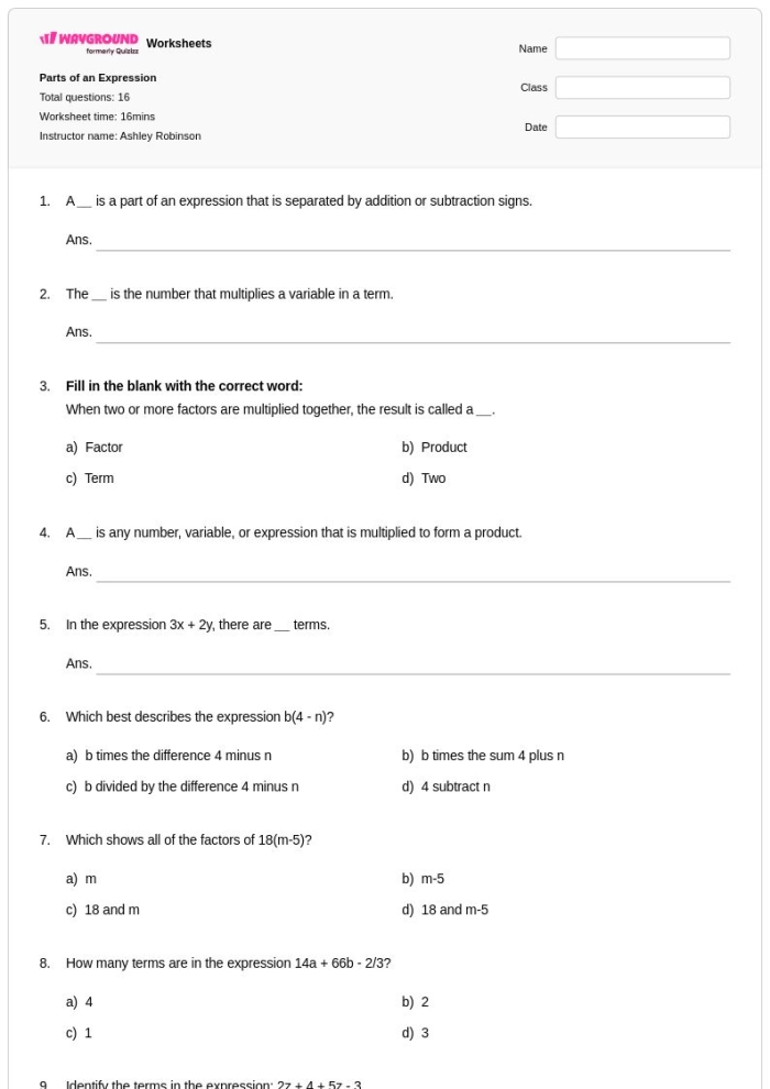Sixth grade worksheet focusing on identifying and writing algebraic expressions for measurement math practice