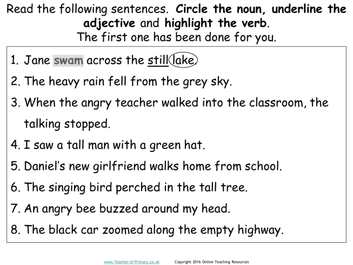 Fifth grade student completing a parts of speech assessment worksheet