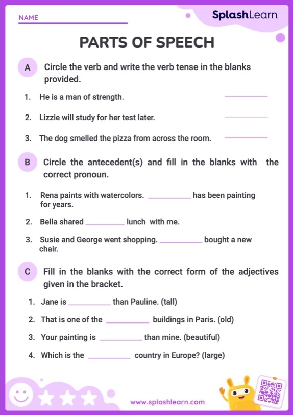 Show What You Know About Parts of Speech worksheet for fifth grade students to assess their grammar knowledge