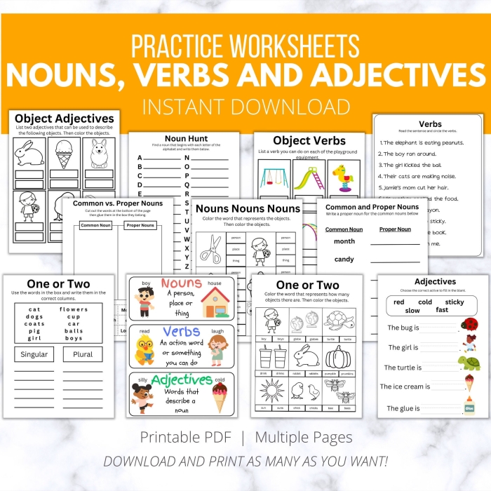 Third grade worksheet showing words sorted into adjectives, adverbs, and verbs categories for parts of speech practice