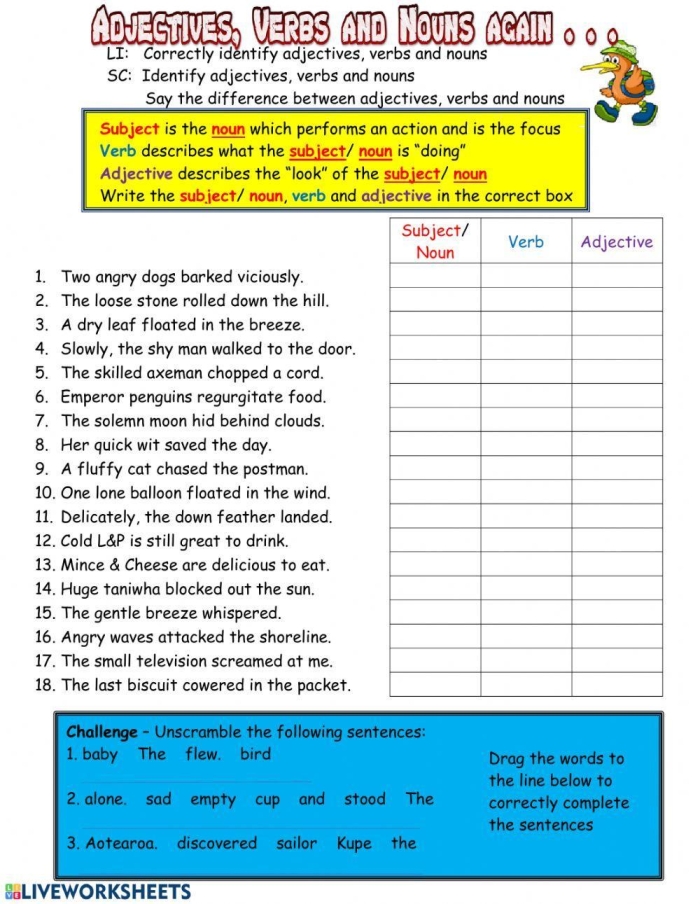 Third grade worksheet showing word categorization activity with adjectives, adverbs, and verbs sorted into labeled columns