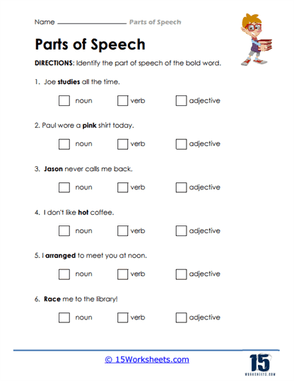 Fifth grade grammar worksheet with parts of speech exercises for student assessment and practice