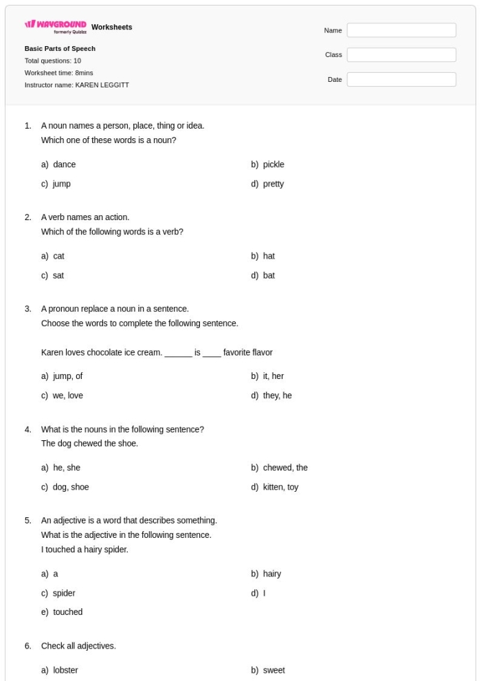 Fifth grade student completing a parts of speech assessment worksheet