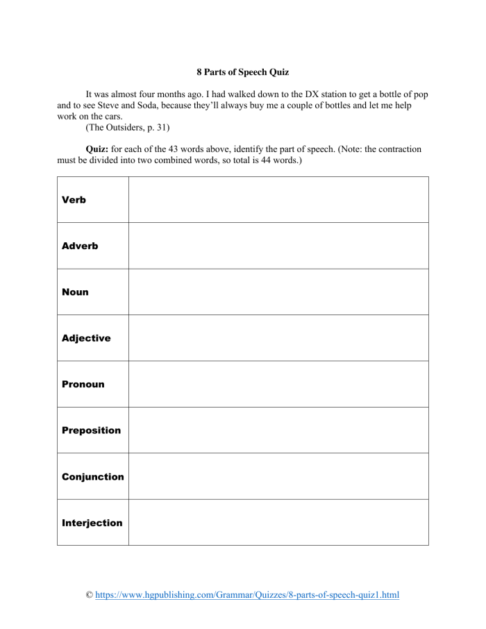 First grade worksheet featuring a parts of speech quiz for students