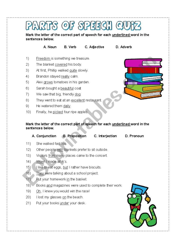 First grade students reviewing parts of speech with a printable quiz worksheet