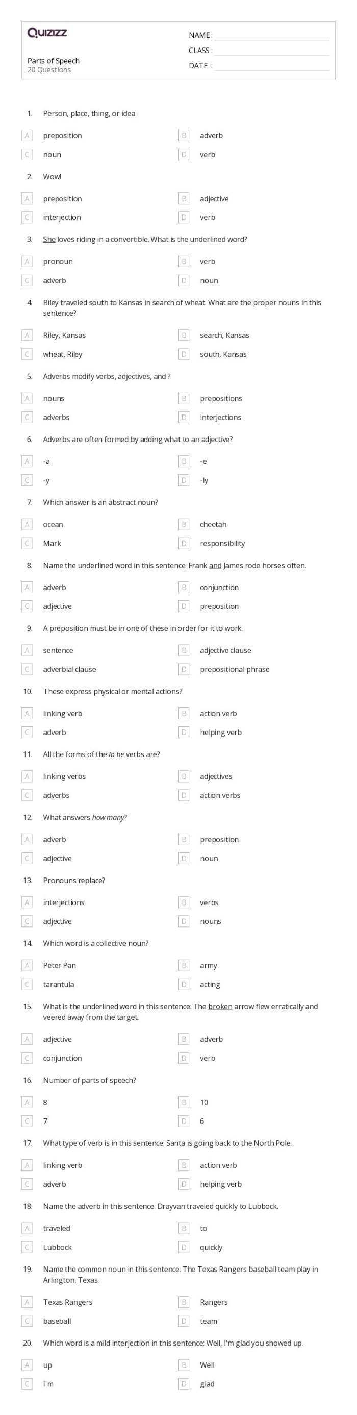 Worksheet featuring a Parts of Speech Quiz for first graders to enhance their learning. Engaging quiz-style activity designed for young learners to master parts of speech.