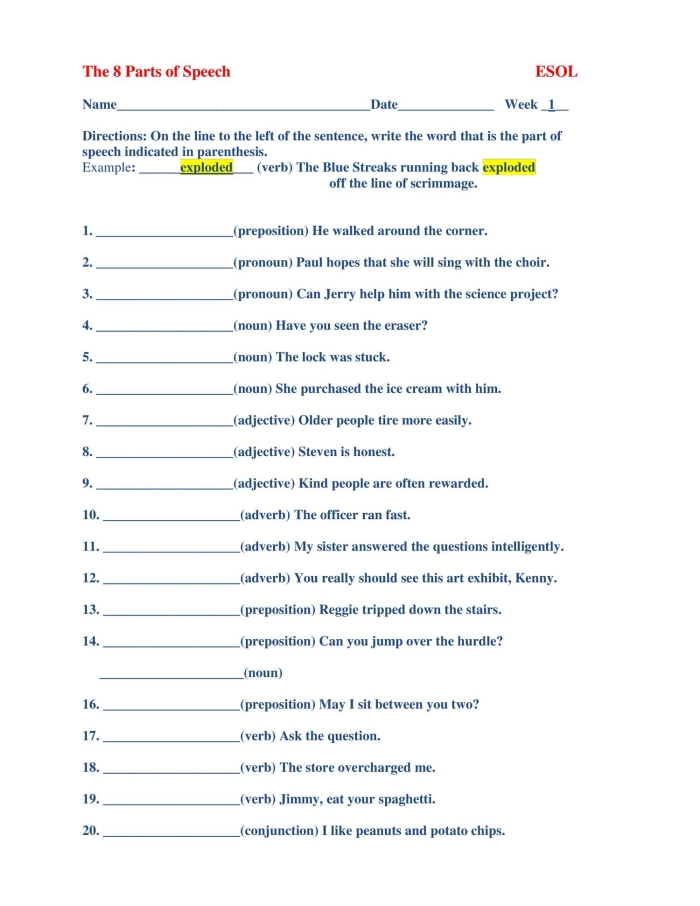 Worksheet featuring a Parts of Speech Quiz for first graders