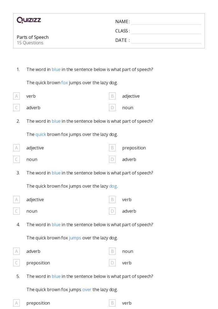 Parts of Speech Quiz worksheet for first graders focusing on basic grammar concepts